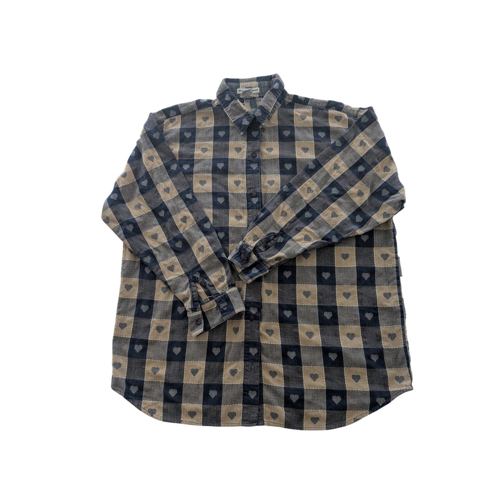 Maggie & Max Cotton Button Down Shirt 1X Blue Tan Checkered Heart Embroidered